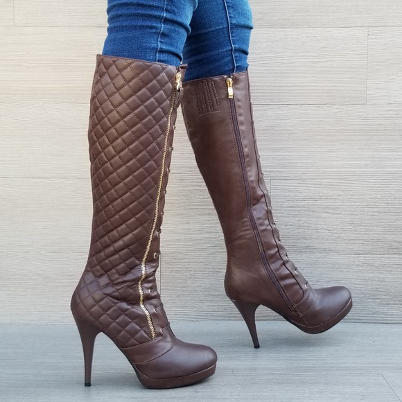 Knee High Heel Boots Brown Vegan Leather and fur - Picture 7 of 8